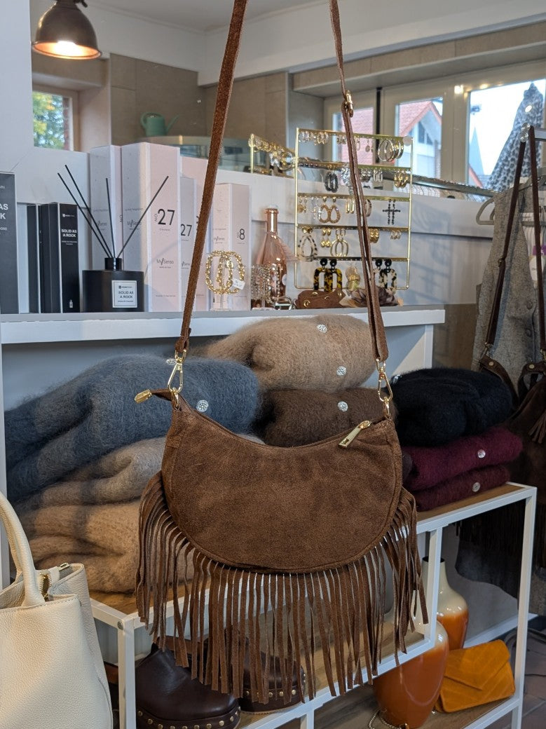 Wildleder Tasche mit Fransen Halbmond M Braun ca. 22,5cm x 12cm mit Schulterriemen und RV