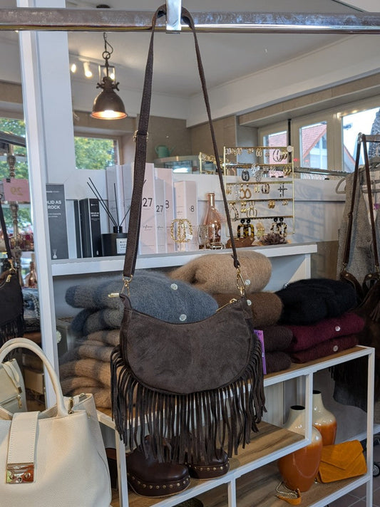 Wildleder Tasche mit Fransen Halbmond M Coffee Braun ca. 22,5cm x 12cm mit Schulterriemen und RV