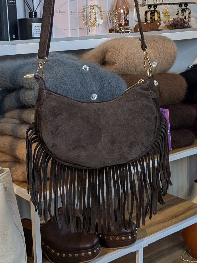 Wildleder Tasche mit Fransen Halbmond M Coffee Braun ca. 22,5cm x 12cm mit Schulterriemen und RV