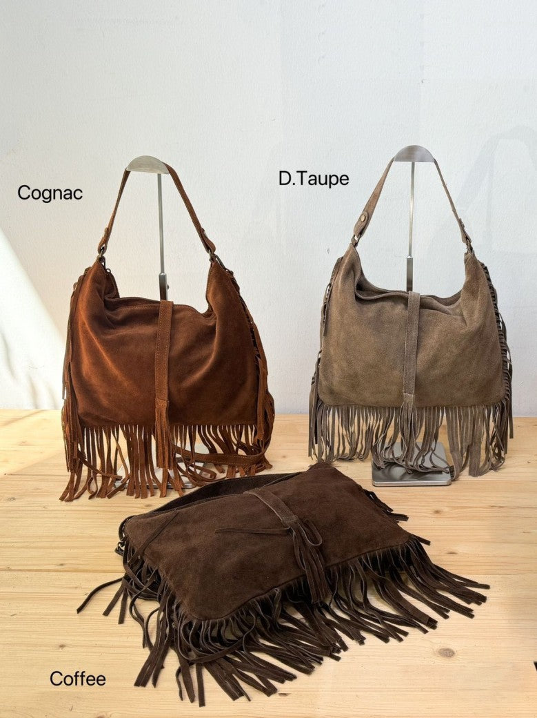 Wildleder Tasche mit Fransen L Taupe ca. 40cm x 29cm mit Schulterriemen und RV