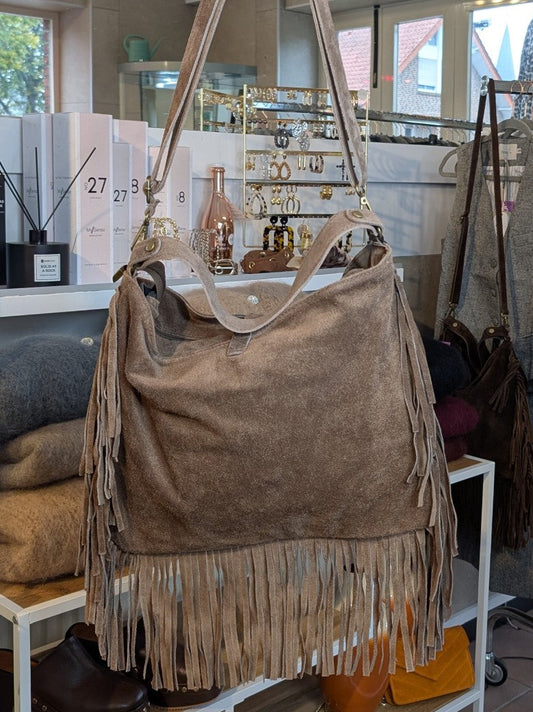 Wildleder Tasche mit Fransen L Taupe ca. 40cm x 29cm mit Schulterriemen und RV