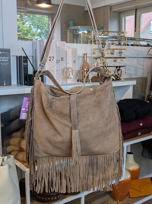 Wildleder Tasche mit Fransen L Taupe ca. 40cm x 29cm mit Schulterriemen und RV