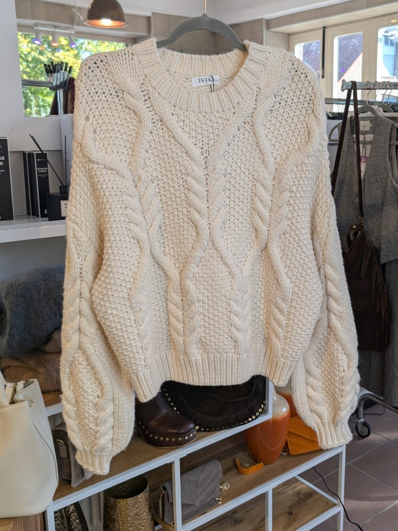 Zopfmuster Pullover symmetrisch Viskose Nylon Créme One Size - von IVIVY SC233210