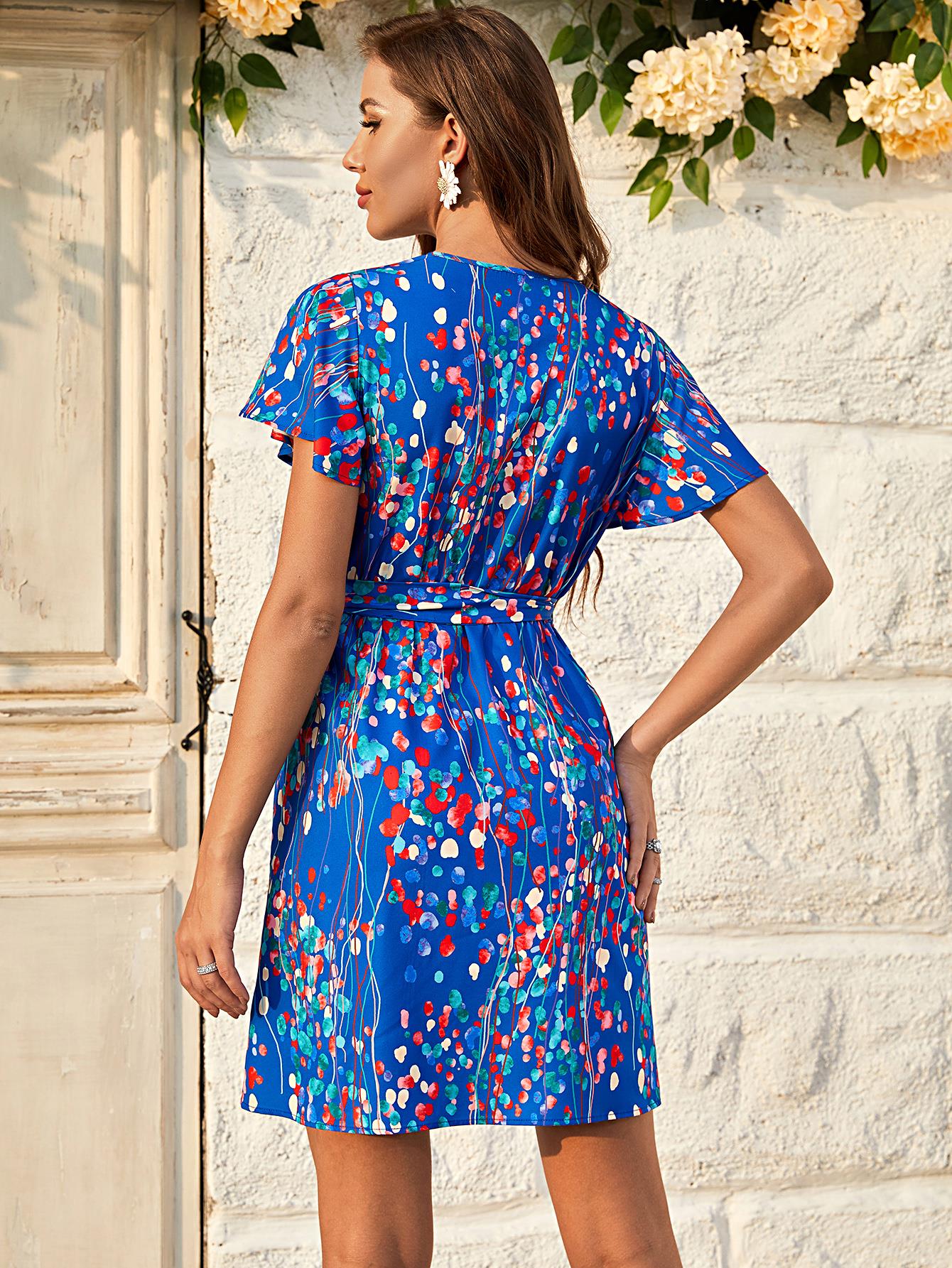 Abstract Floral Print Angel Sleeve Wrap Top Mini Dress In Blue - AXON