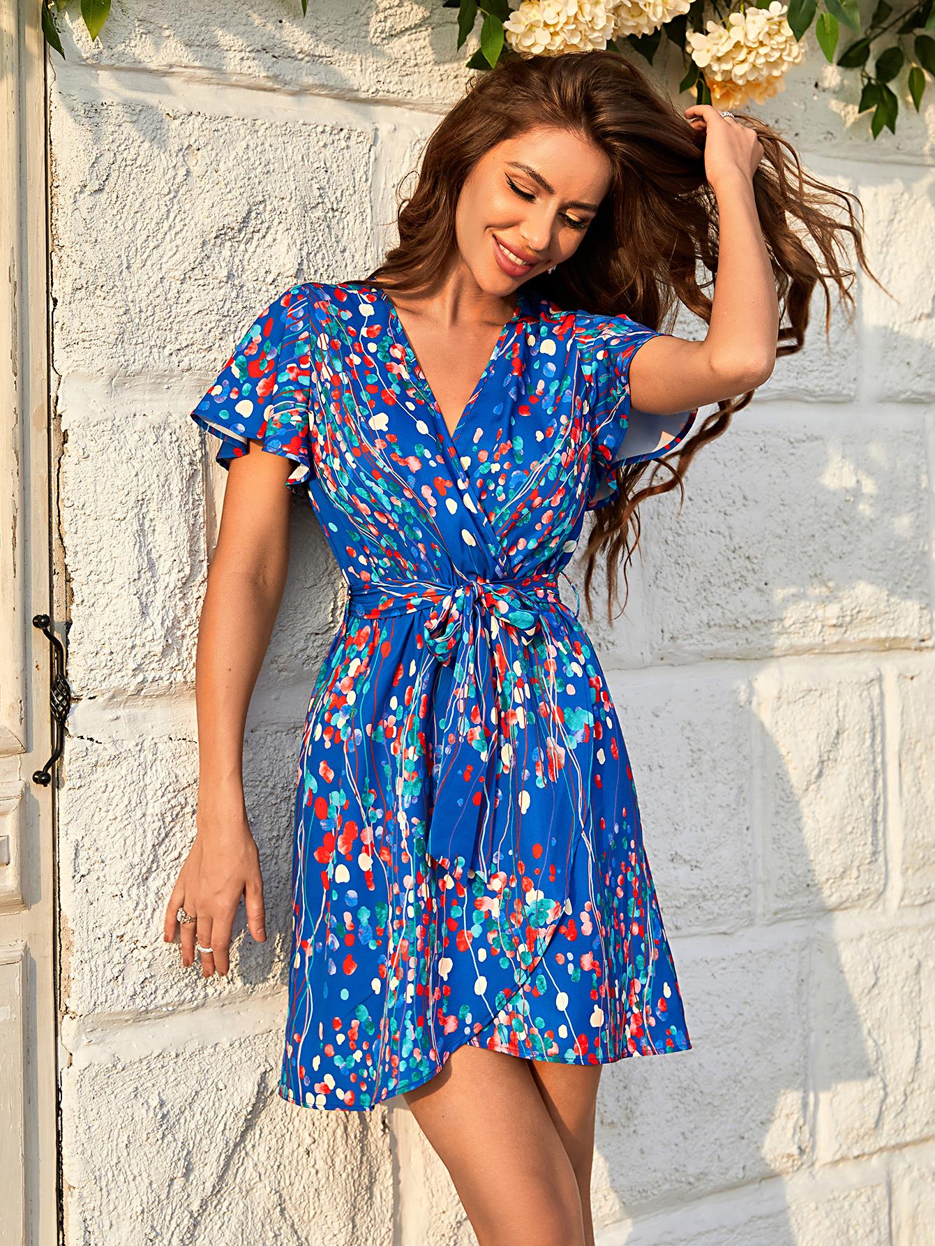 Abstract Floral Print Angel Sleeve Wrap Top Mini Dress In Blue - AXON