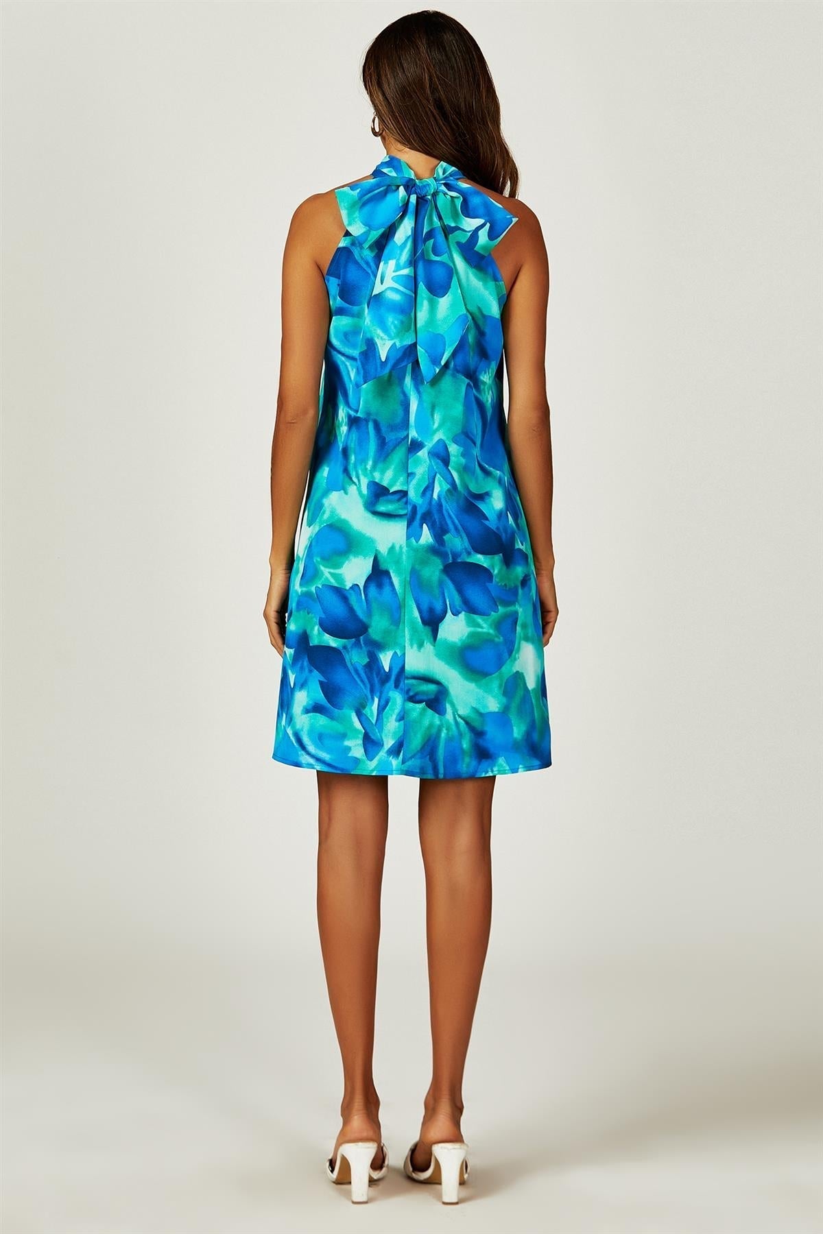 Abstract Floral Print Halter Neck Tie Back Mini Dress In Blue - AXON