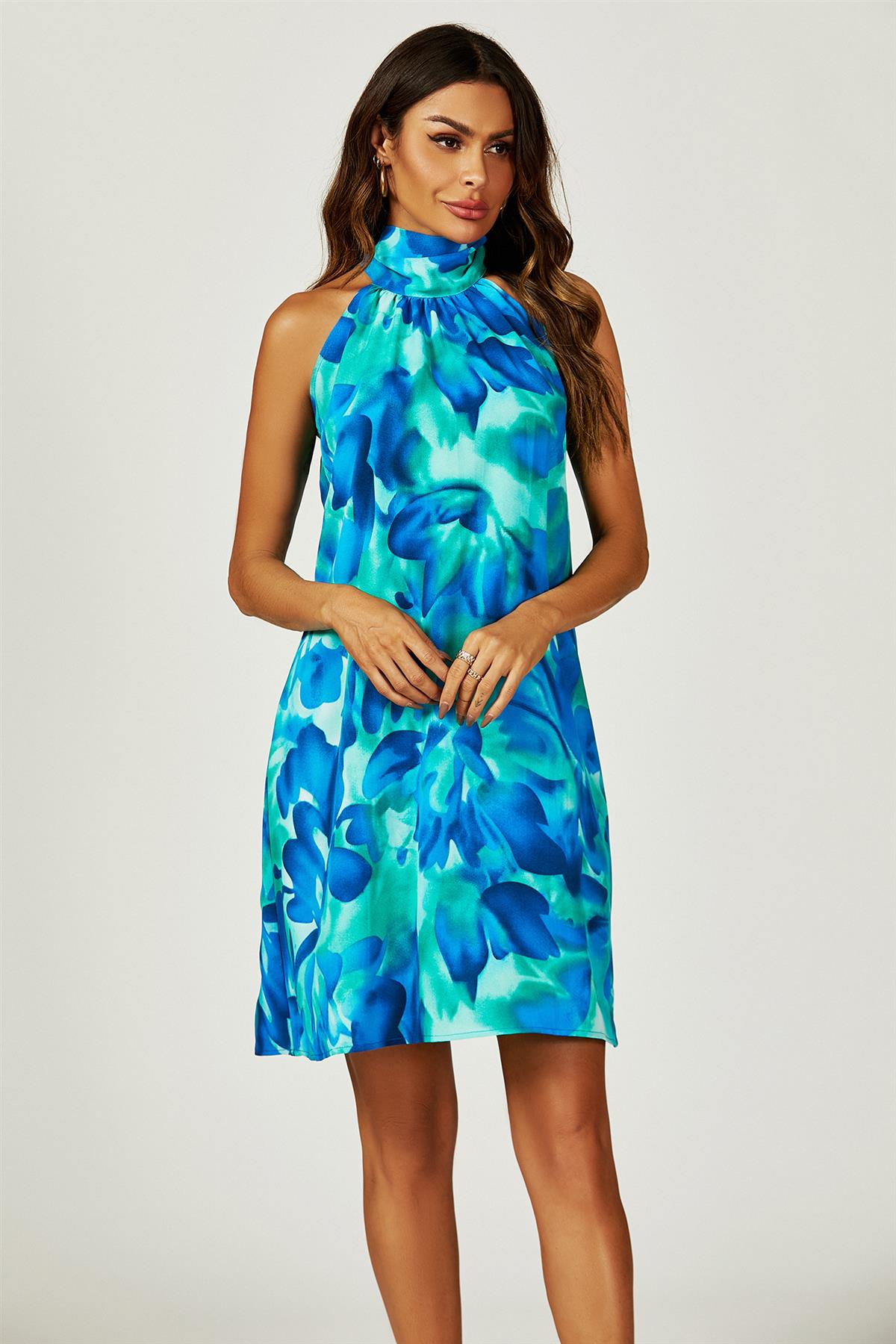 Abstract Floral Print Halter Neck Tie Back Mini Dress In Blue - AXON