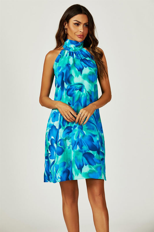 Abstract Floral Print Halter Neck Tie Back Mini Dress In Blue - AXON