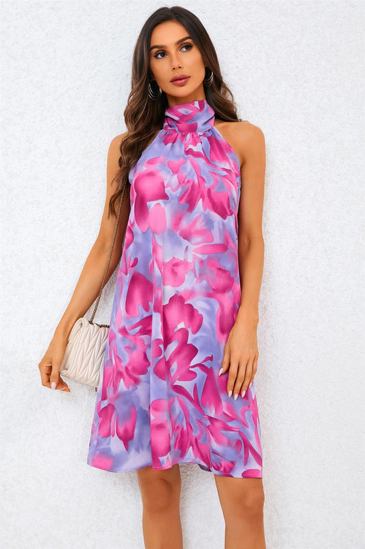 Abstract Floral Print Halter Neck Tie Back Mini Dress In Pink - AXON