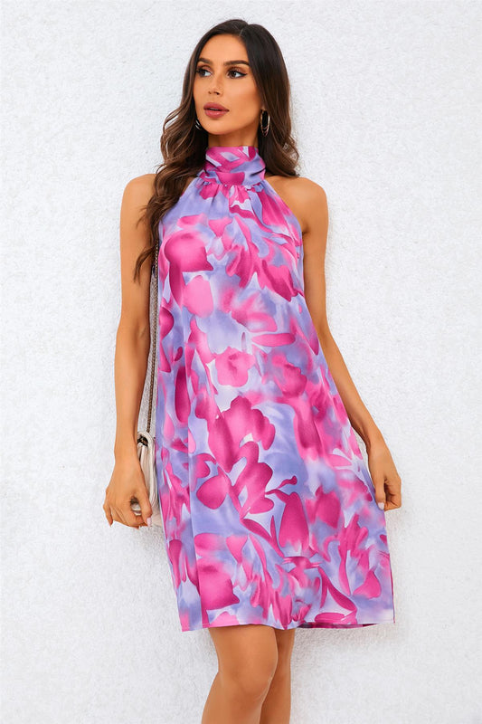 Abstract Floral Print Halter Neck Tie Back Mini Dress In Pink - AXON