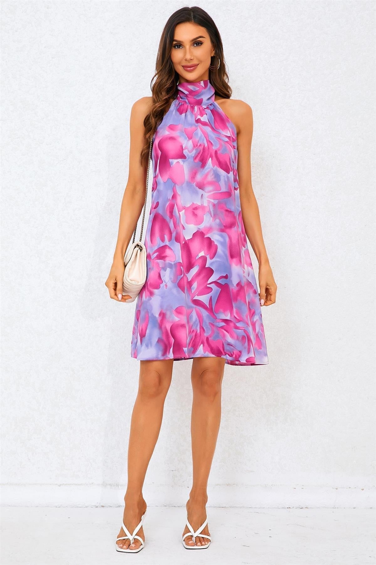 Abstract Floral Print Halter Neck Tie Back Mini Dress In Pink - AXON