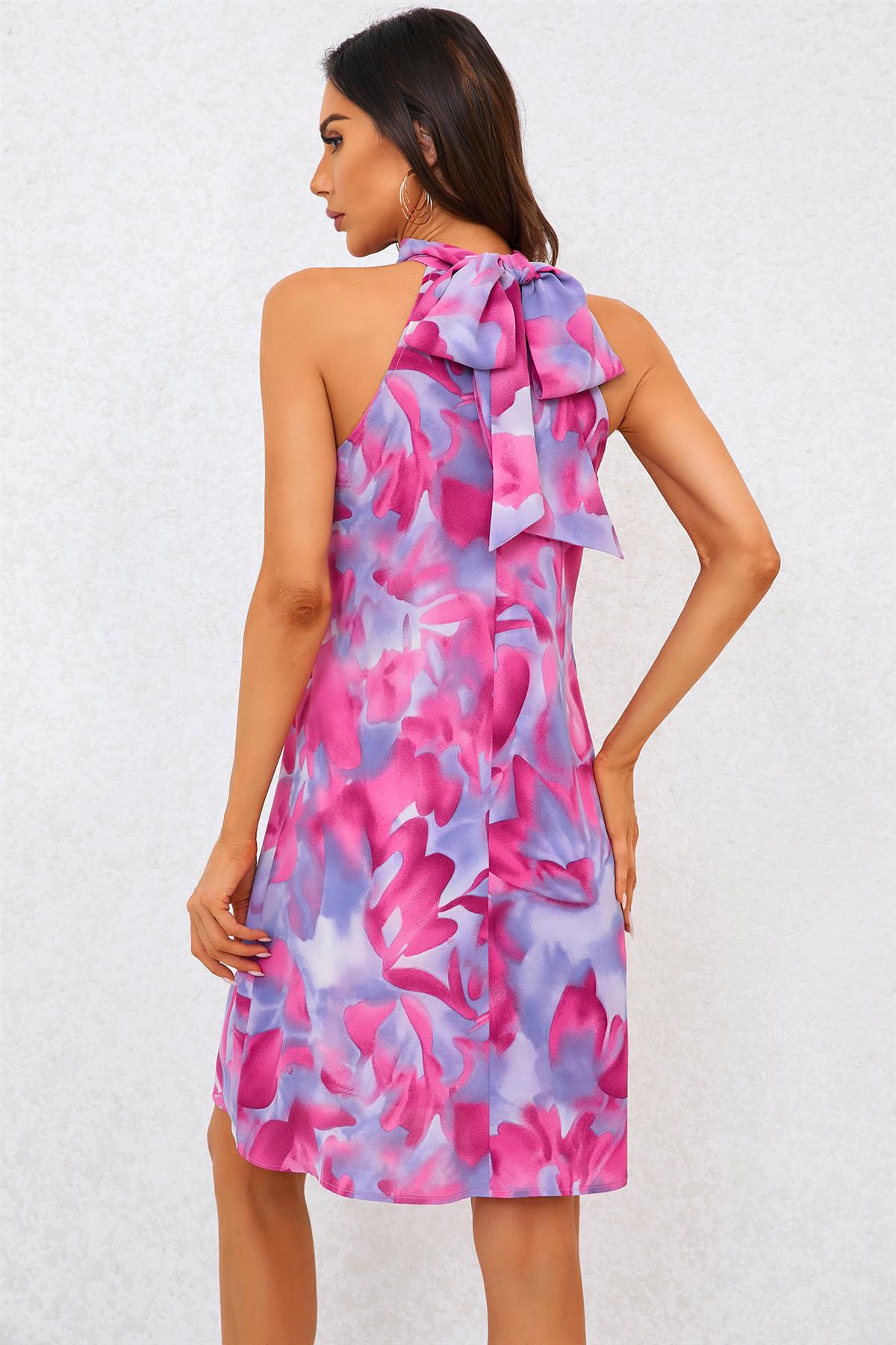 Abstract Floral Print Halter Neck Tie Back Mini Dress In Pink - AXON
