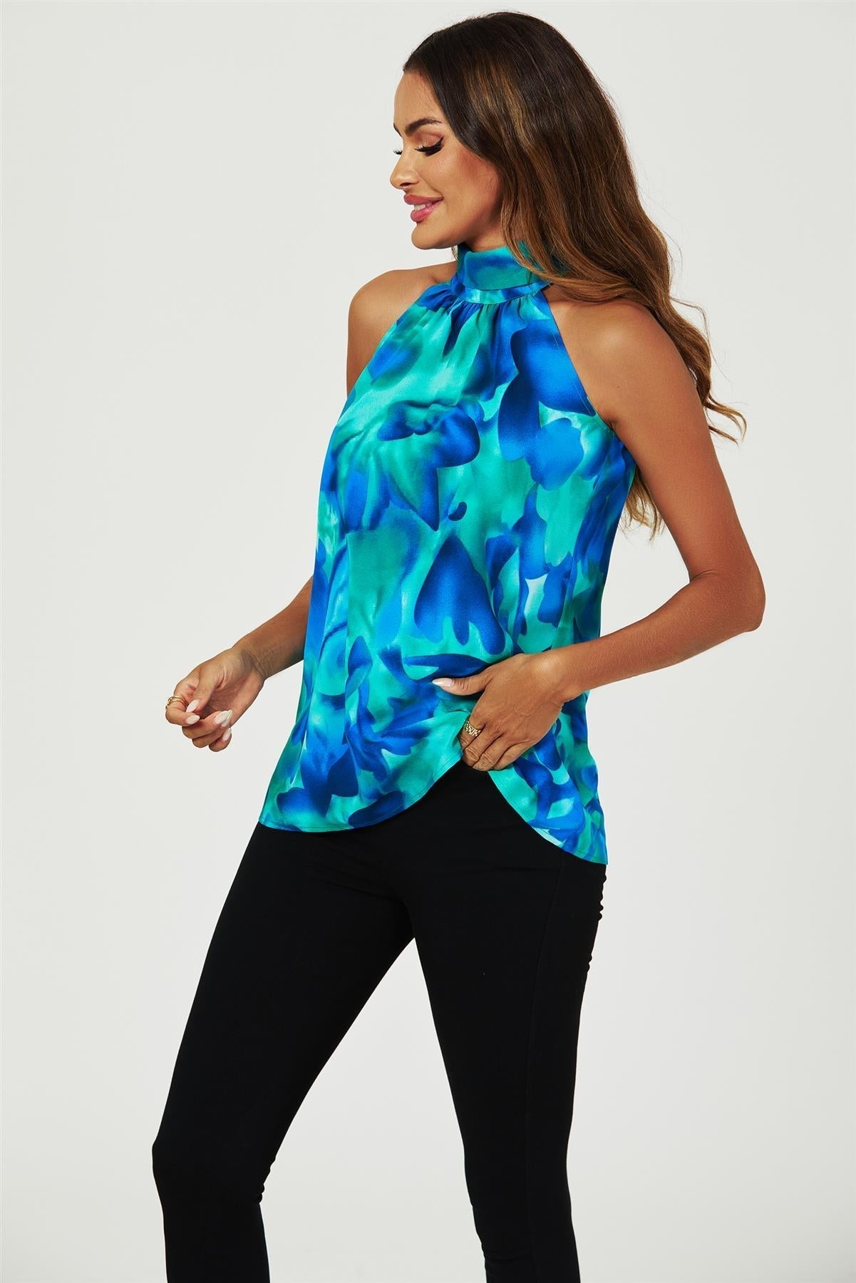 Abstract Floral Print Halter Neck Tie Back Top In Blue - AXON