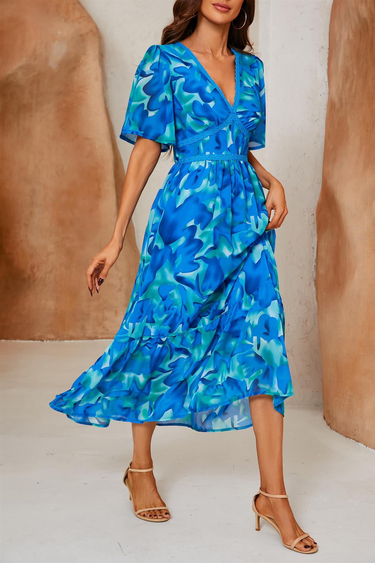 Abstract Floral Print Lace Detail Angel Sleeve Maxi Dress In Blue - AXON