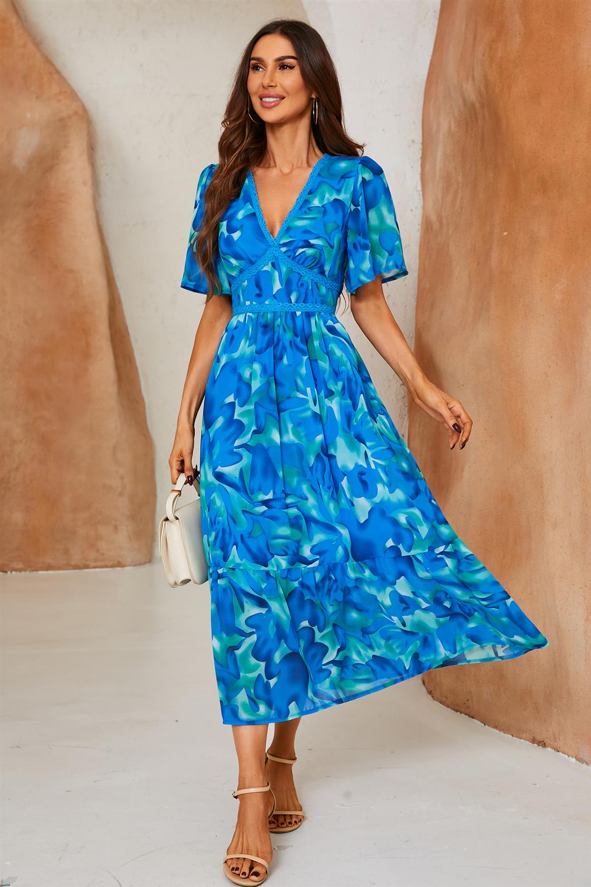 Abstract Floral Print Lace Detail Angel Sleeve Maxi Dress In Blue - AXON