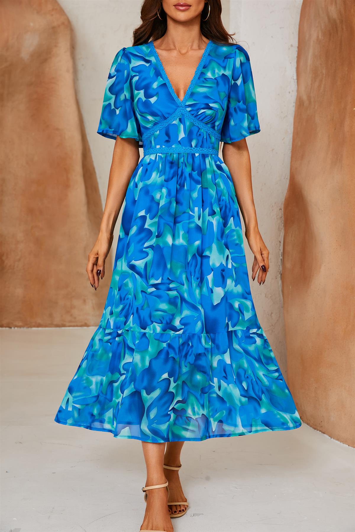 Abstract Floral Print Lace Detail Angel Sleeve Maxi Dress In Blue - AXON