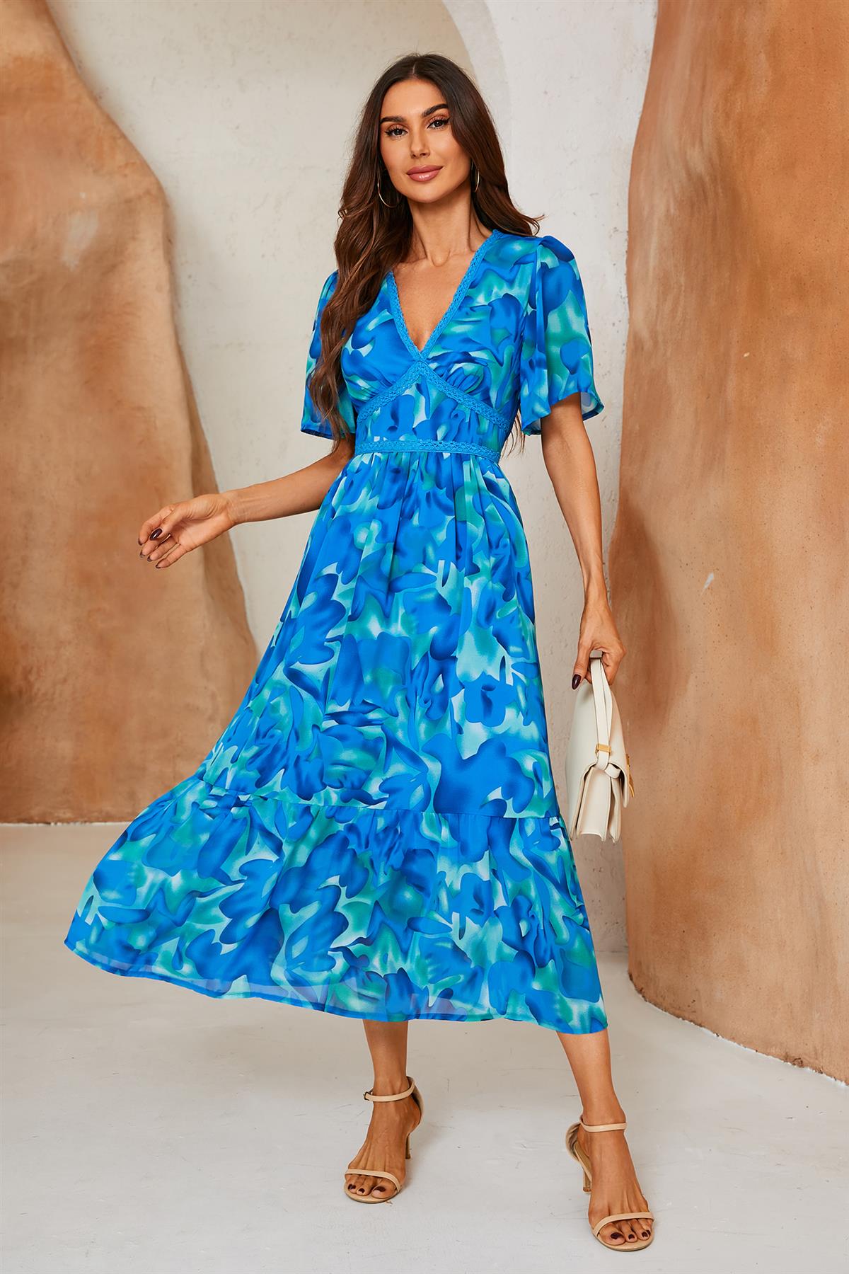 Abstract Floral Print Lace Detail Angel Sleeve Maxi Dress In Blue - AXON