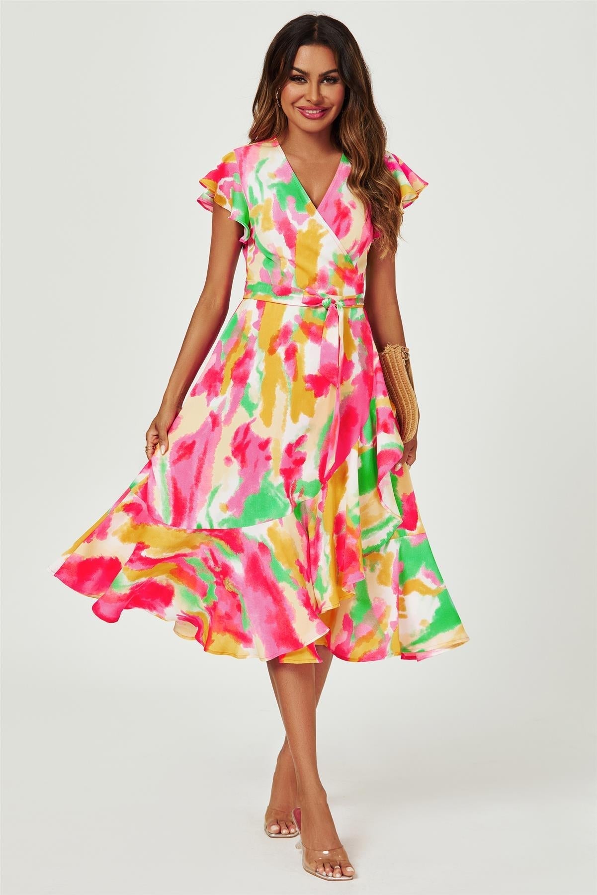 Abstract Floral Print Midi Wrap Dress In Pink - AXON