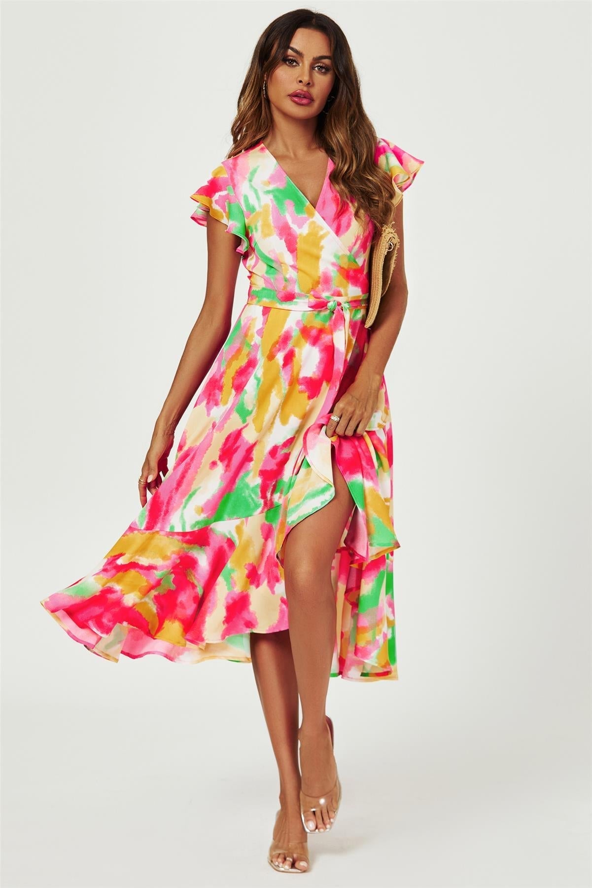 Abstract Floral Print Midi Wrap Dress In Pink - AXON