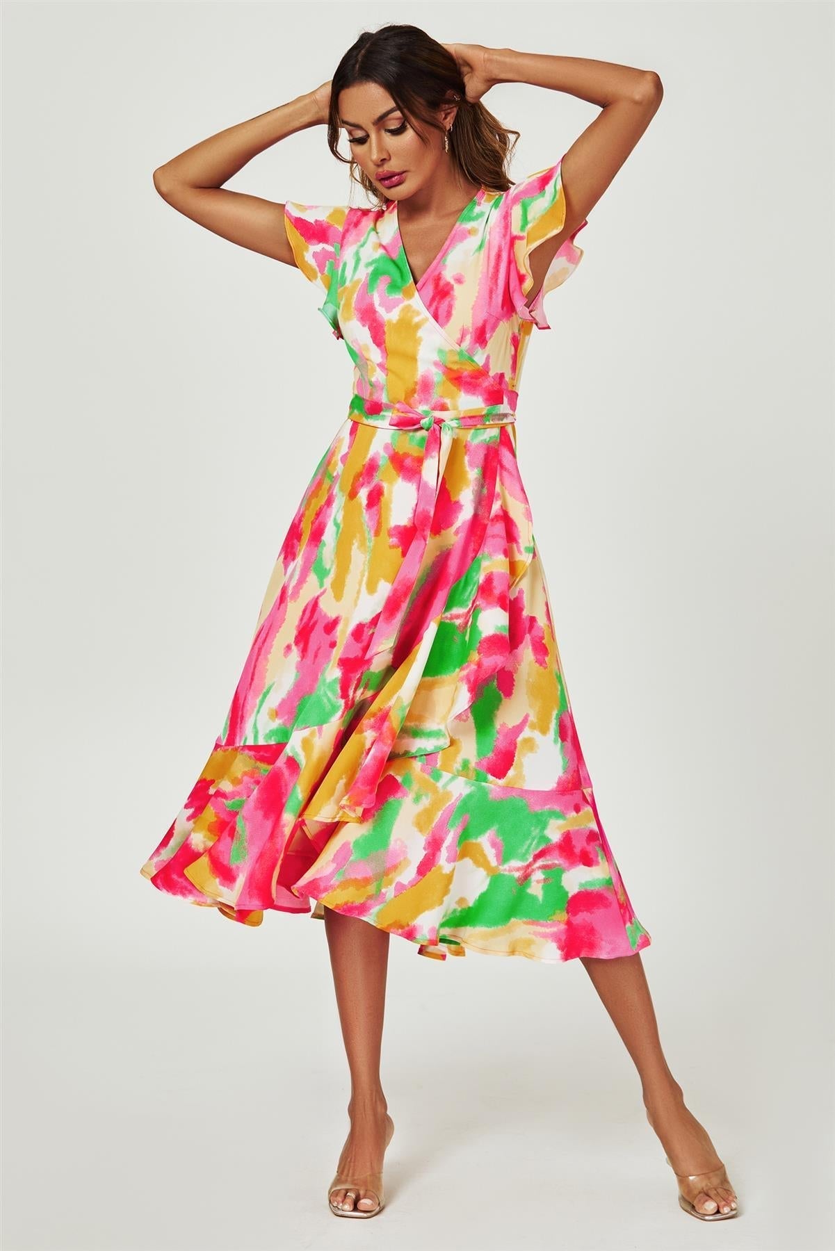 Abstract Floral Print Midi Wrap Dress In Pink - AXON