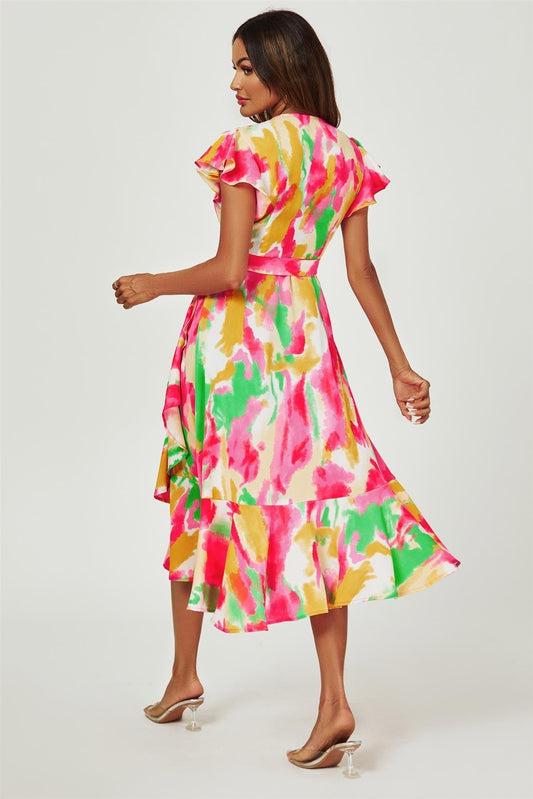 Abstract Floral Print Midi Wrap Dress In Pink - AXON