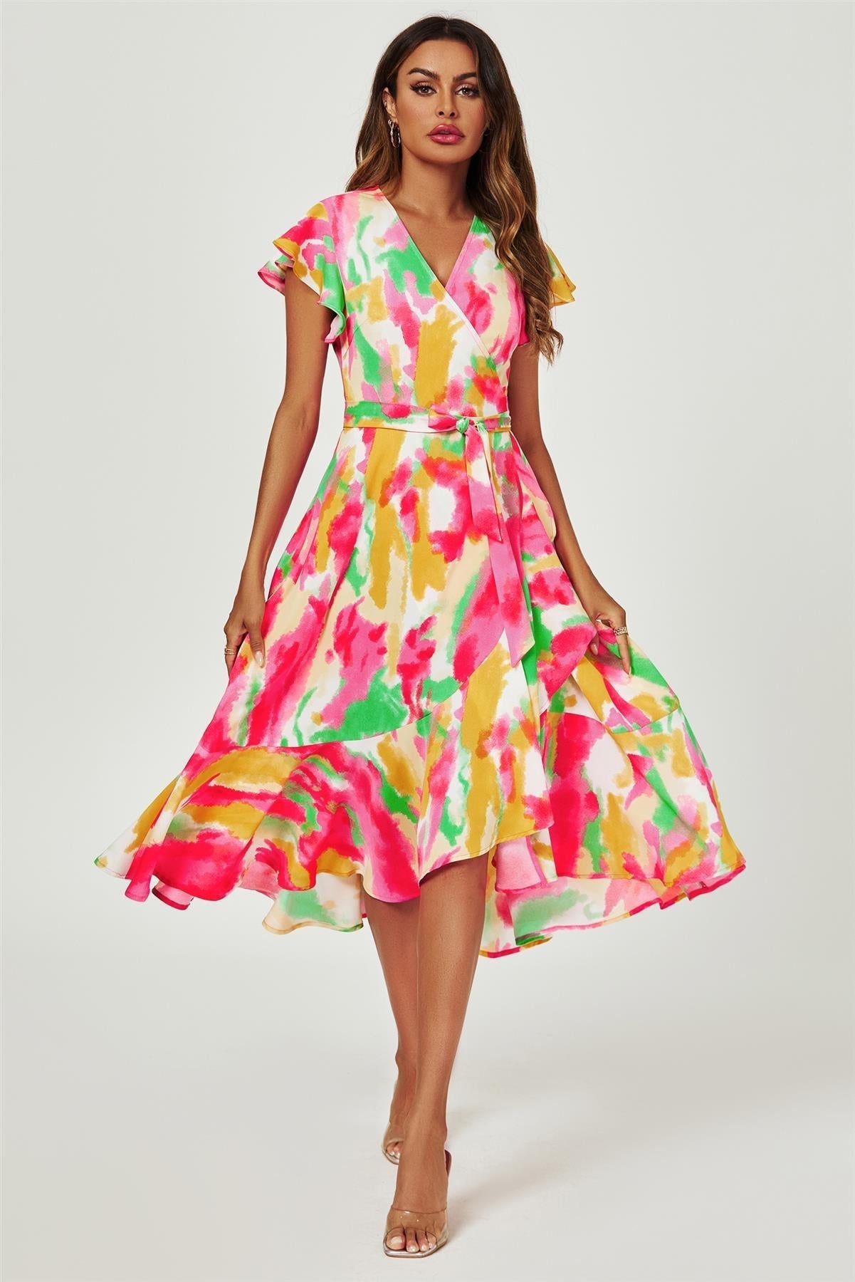 Abstract Floral Print Midi Wrap Dress In Pink - AXON