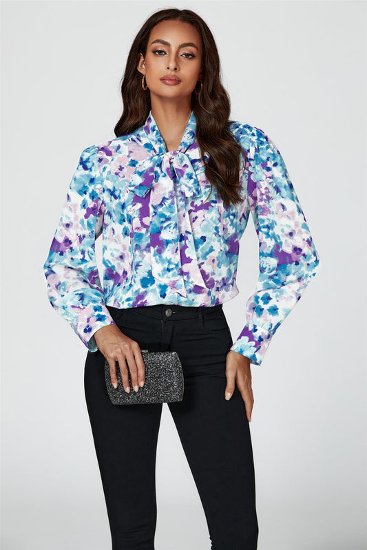 Abstract Floral Print Tie Detail long sleeve Blouse Top In Blue - AXON