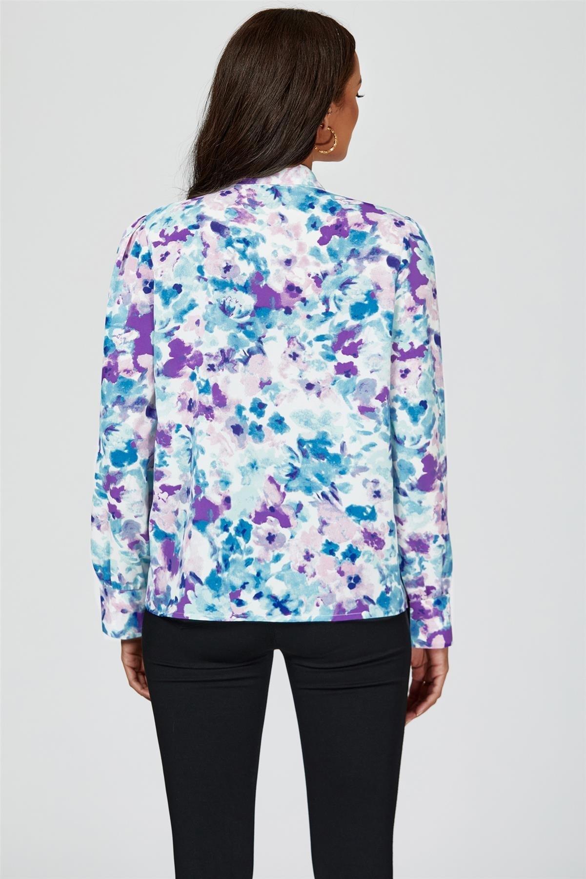 Abstract Floral Print Tie Detail long sleeve Blouse Top In Blue - AXON