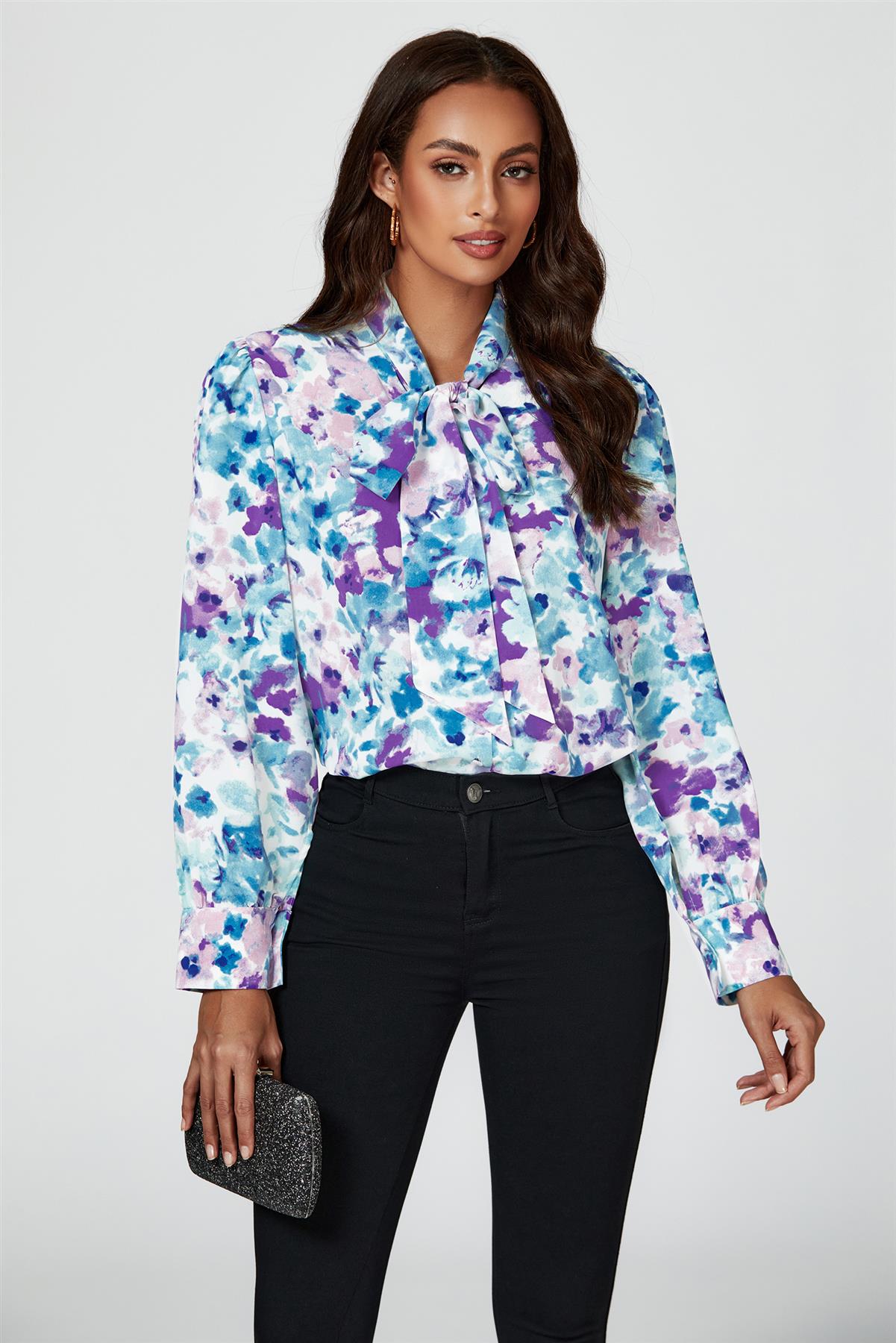 Abstract Floral Print Tie Detail long sleeve Blouse Top In Blue - AXON