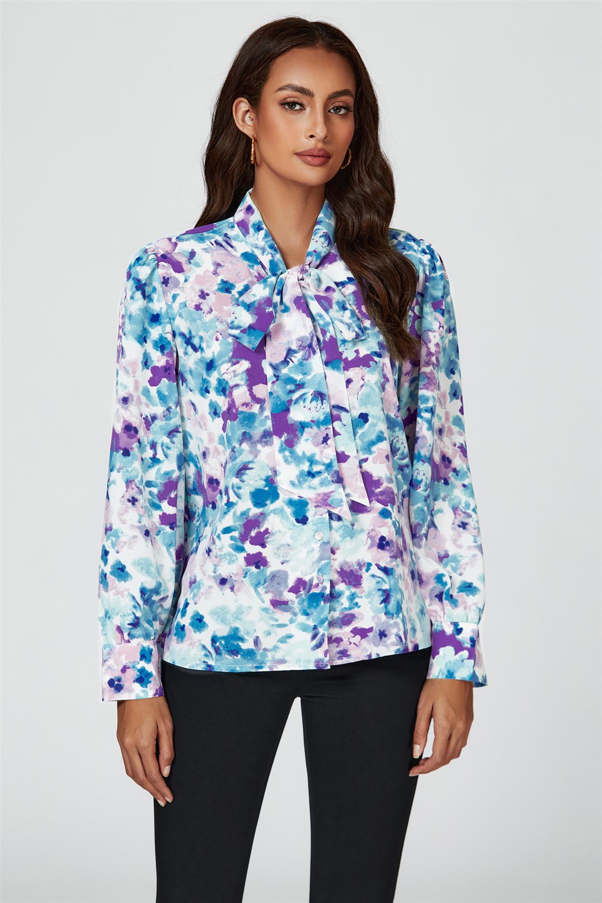 Abstract Floral Print Tie Detail long sleeve Blouse Top In Blue - AXON