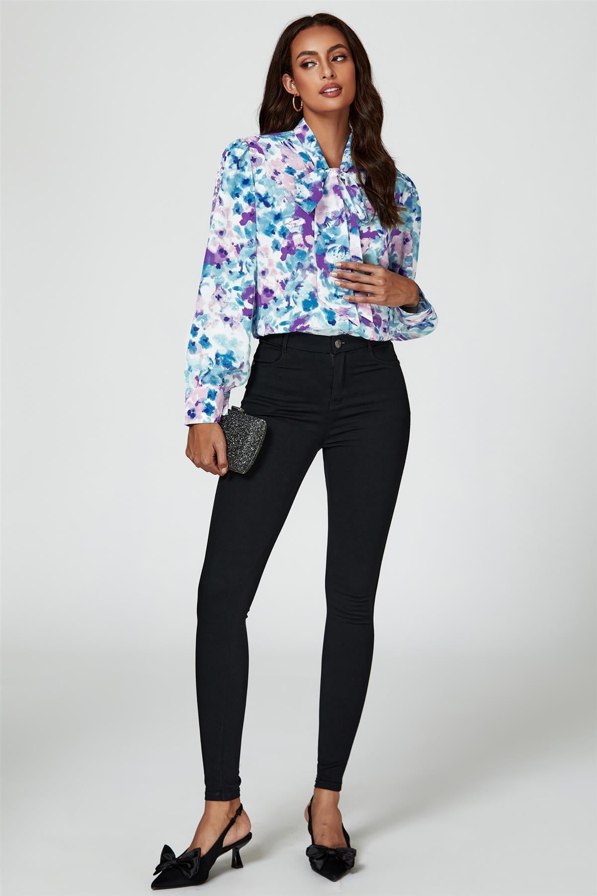 Abstract Floral Print Tie Detail long sleeve Blouse Top In Blue - AXON