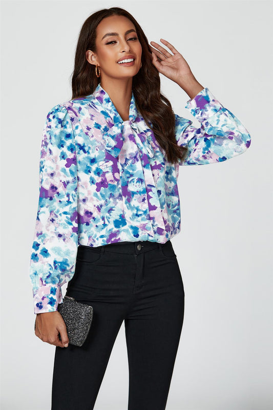 Abstract Floral Print Tie Detail long sleeve Blouse Top In Blue - AXON