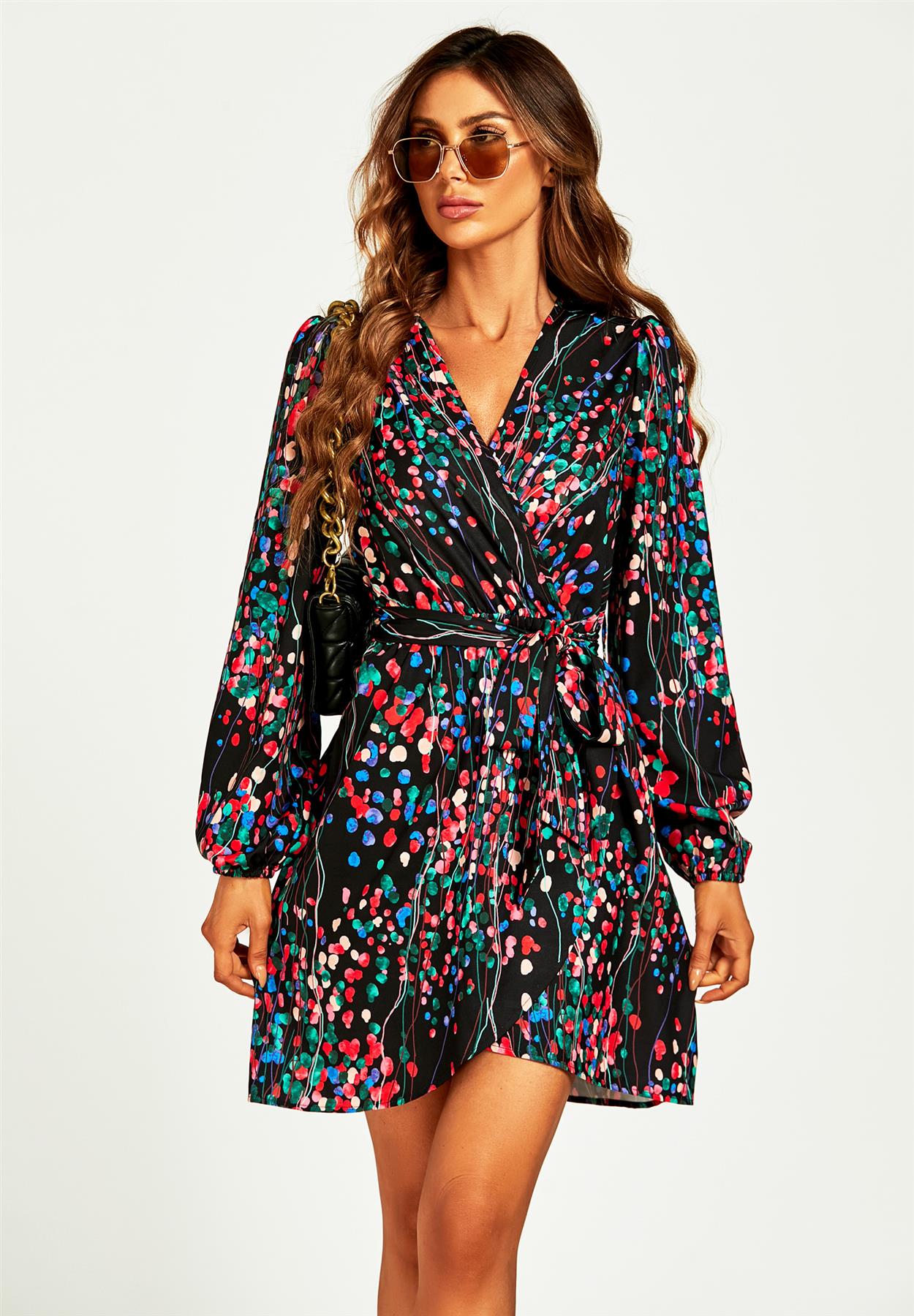 Abstract Floral Print Wrap Mini Dress In Black - AXON
