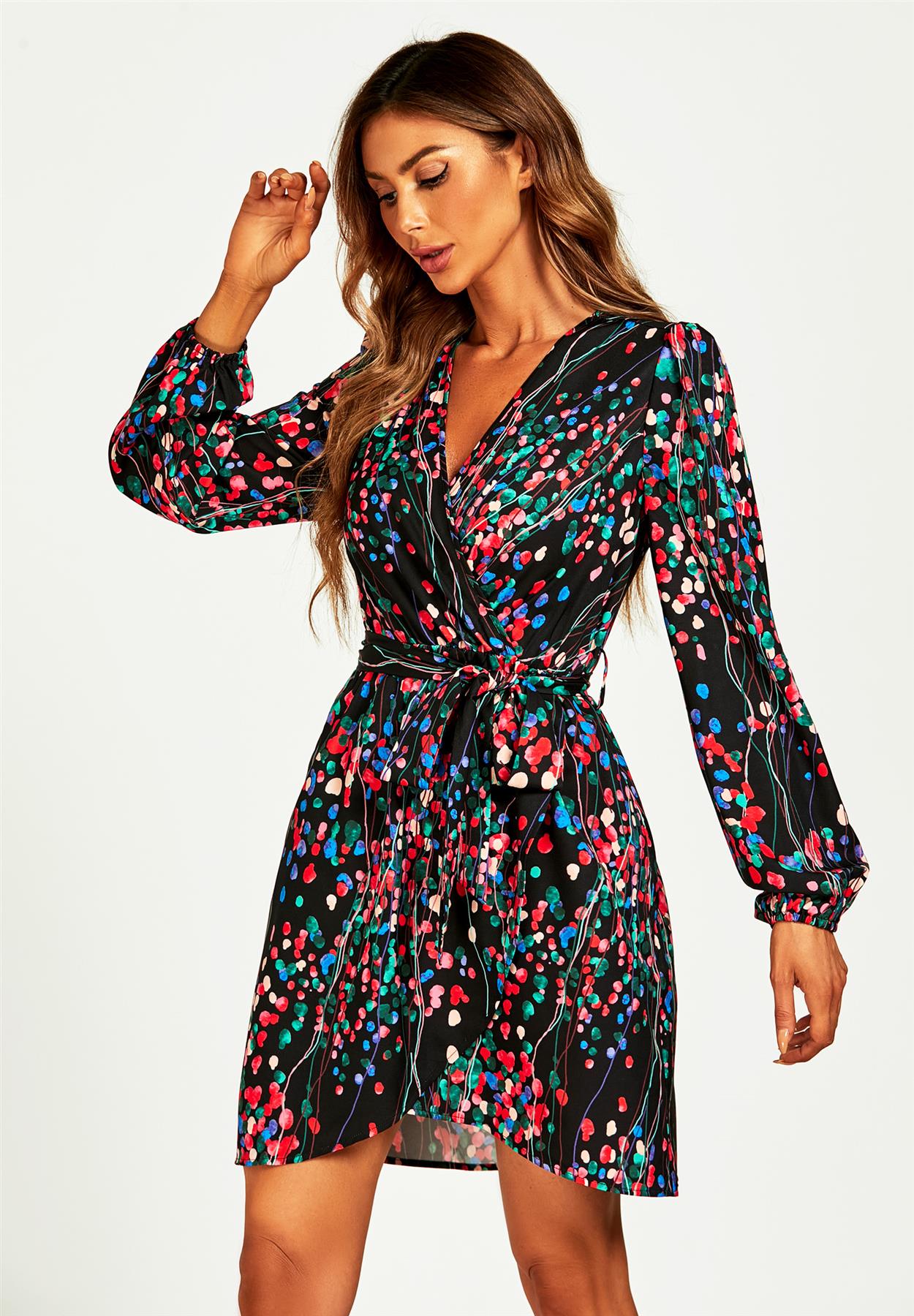 Abstract Floral Print Wrap Mini Dress In Black - AXON