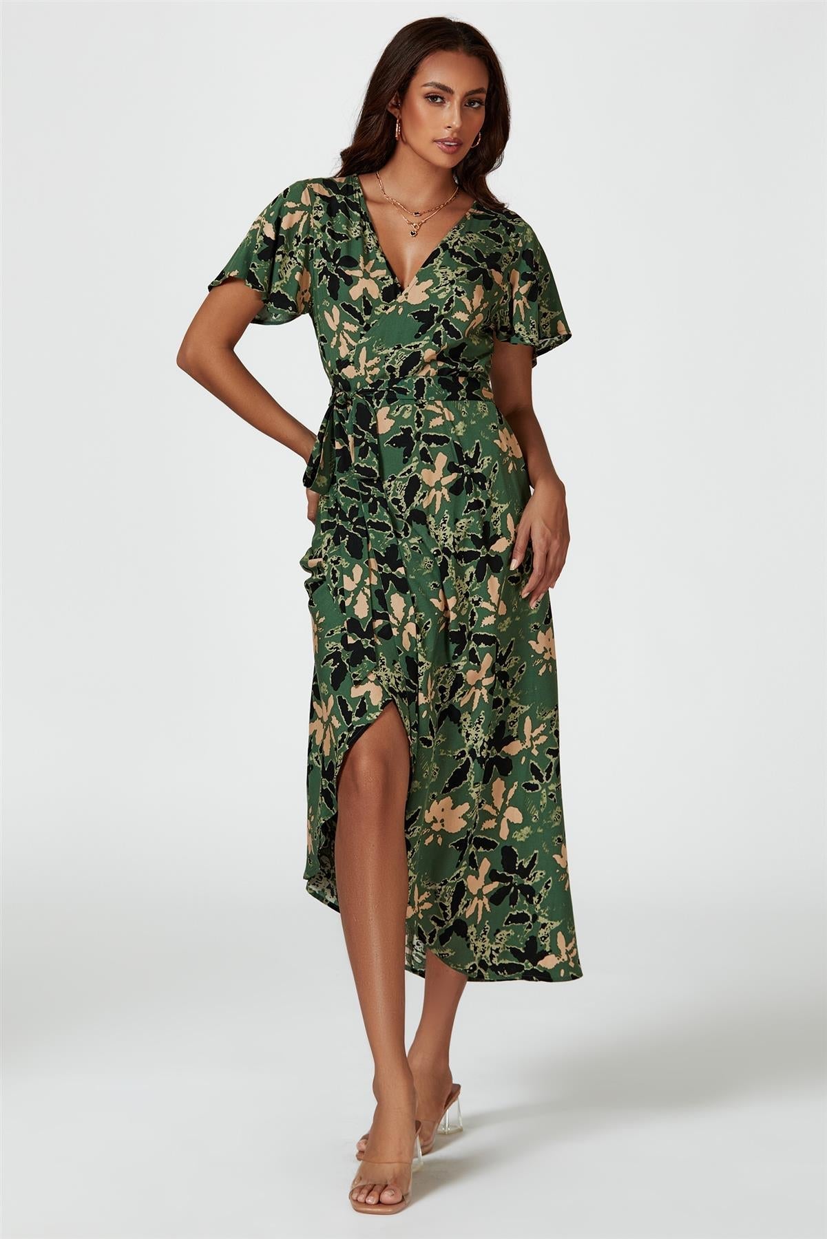 Abstract Floral Wrap Maxi Dress In Olive - AXON