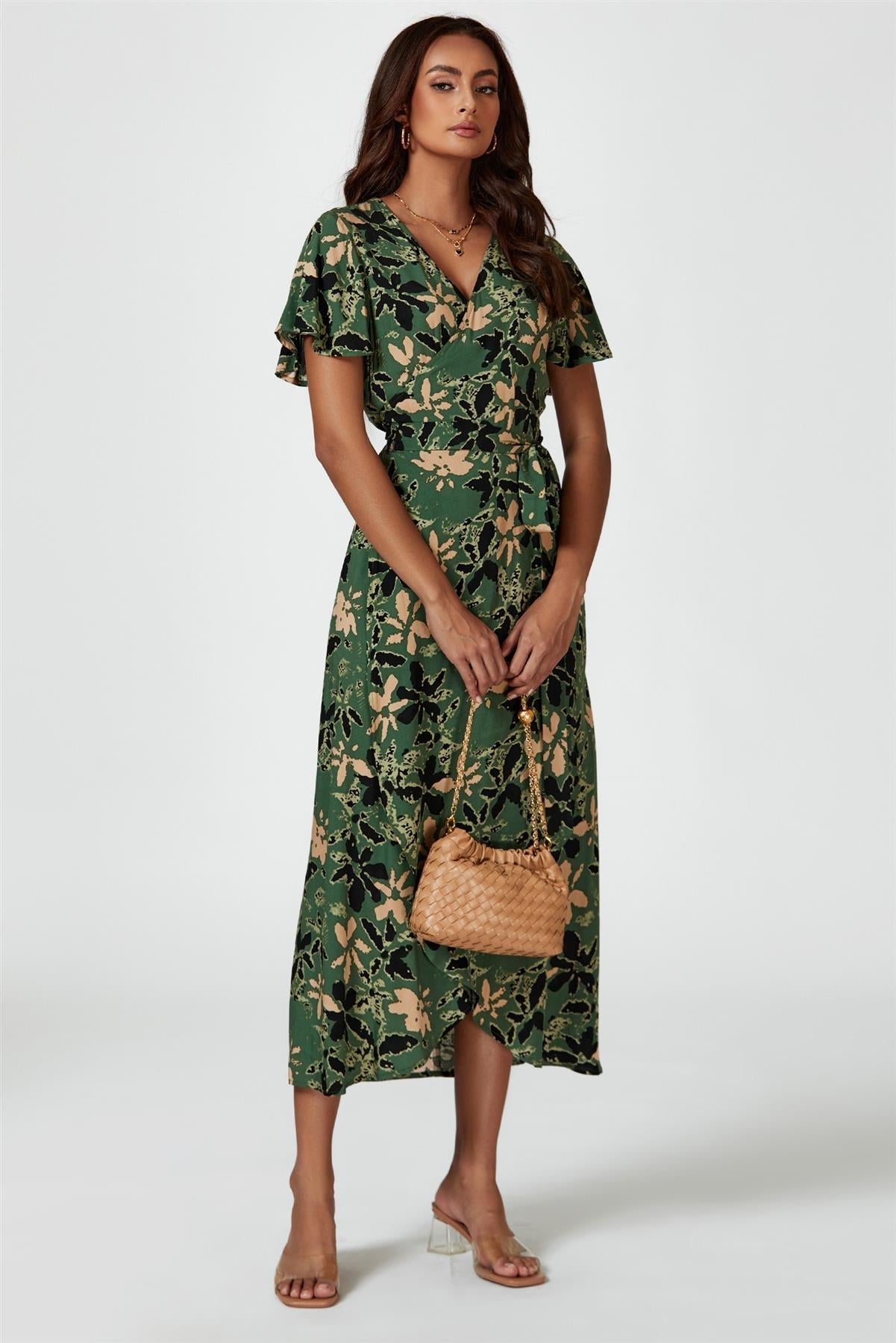 Abstract Floral Wrap Maxi Dress In Olive - AXON