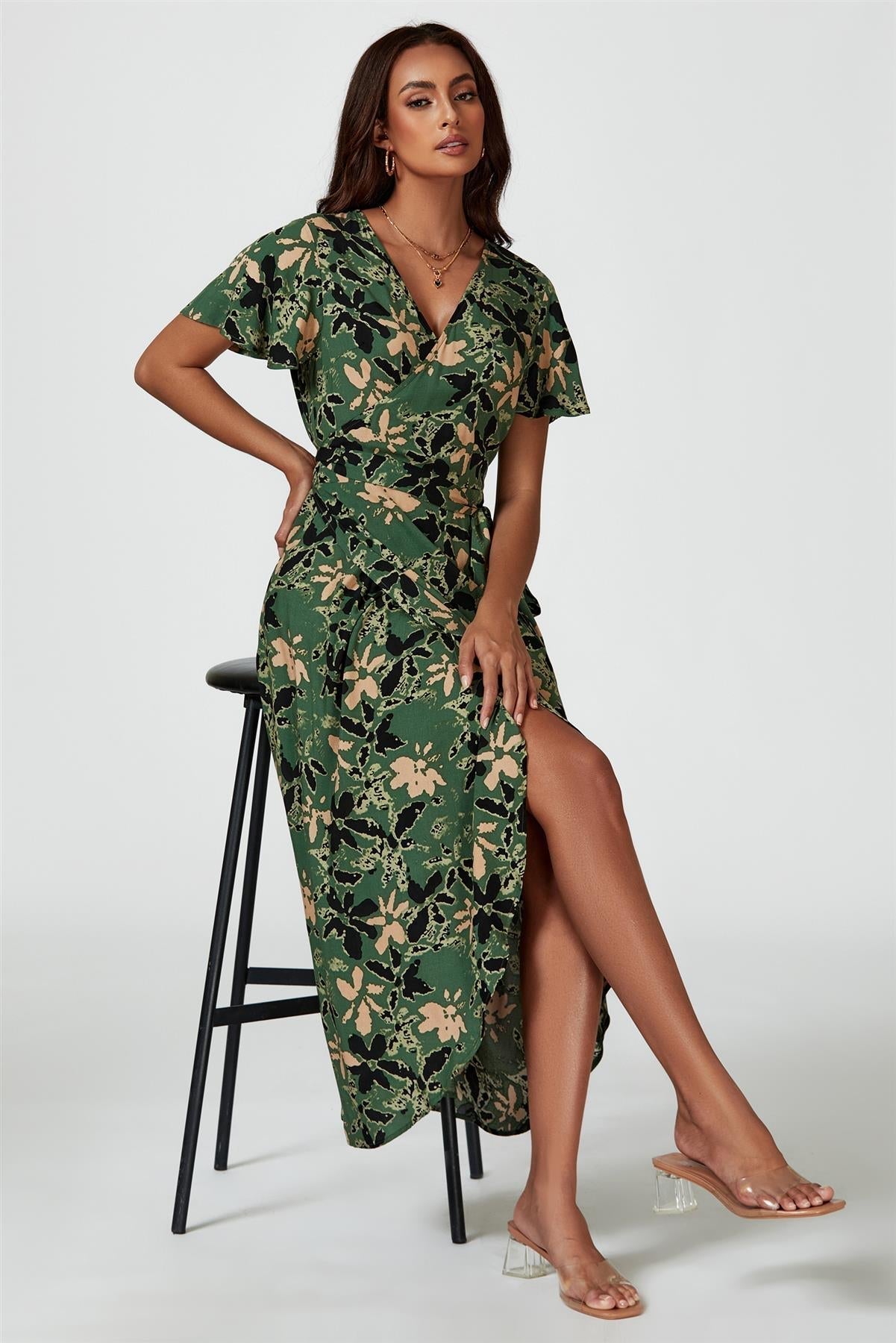 Abstract Floral Wrap Maxi Dress In Olive - AXON