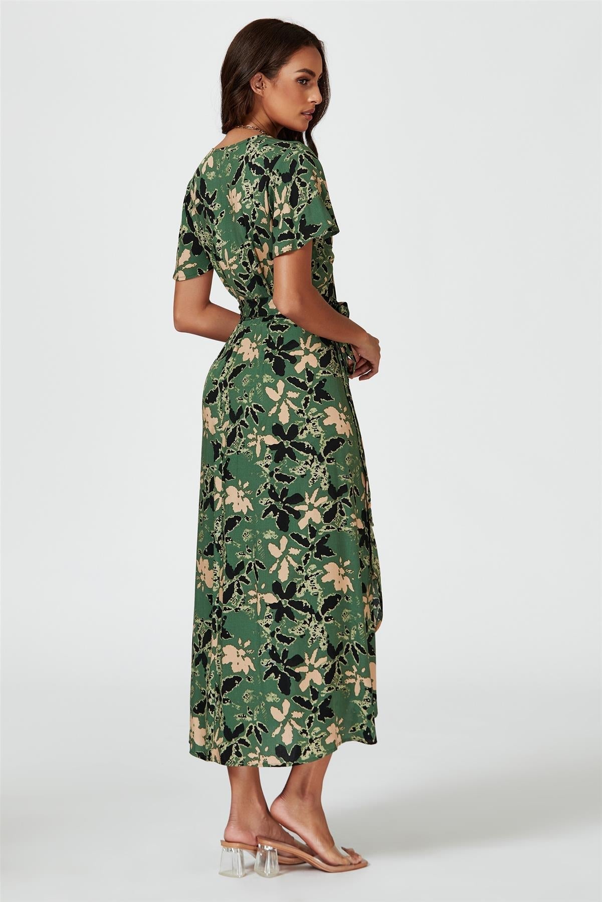 Abstract Floral Wrap Maxi Dress In Olive - AXON