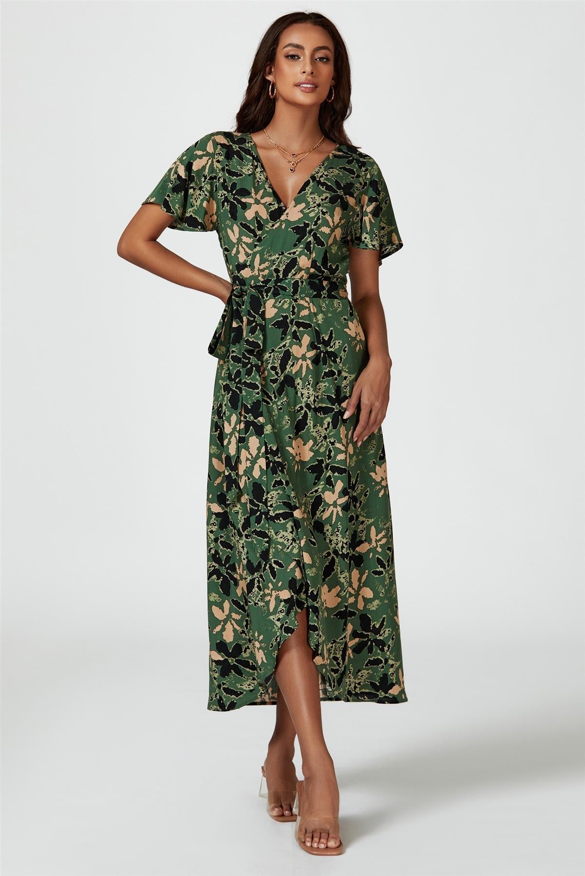Abstract Floral Wrap Maxi Dress In Olive - AXON