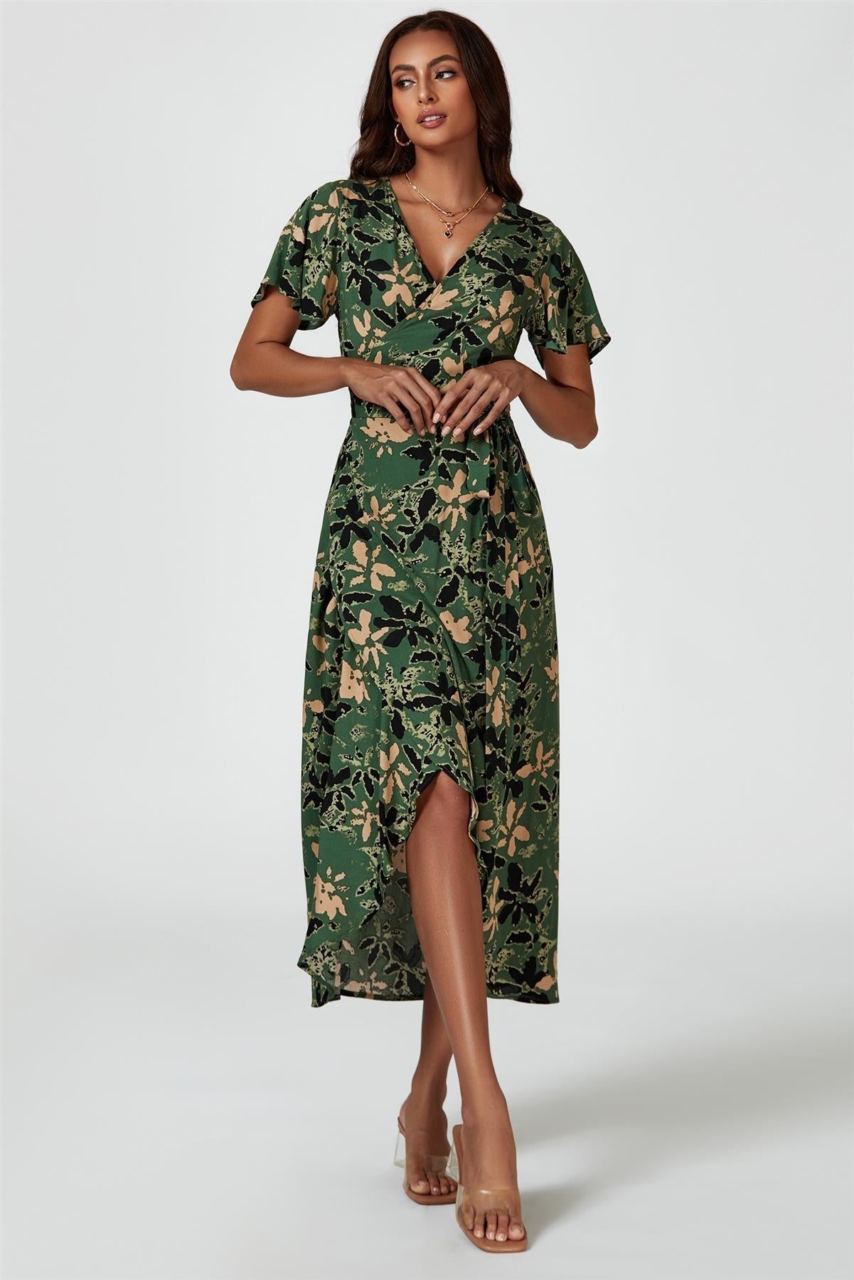 Abstract Floral Wrap Maxi Dress In Olive - AXON