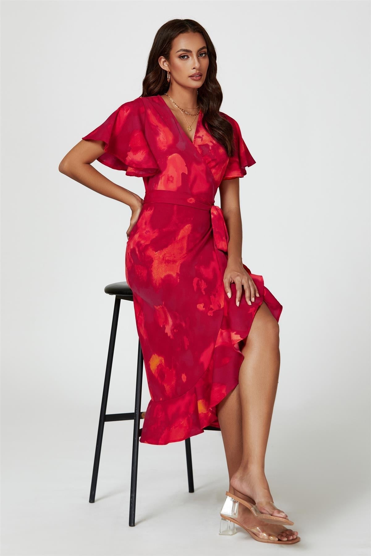 Abstract Print Angel Sleeve Wrap Midi Dress In Red - AXON