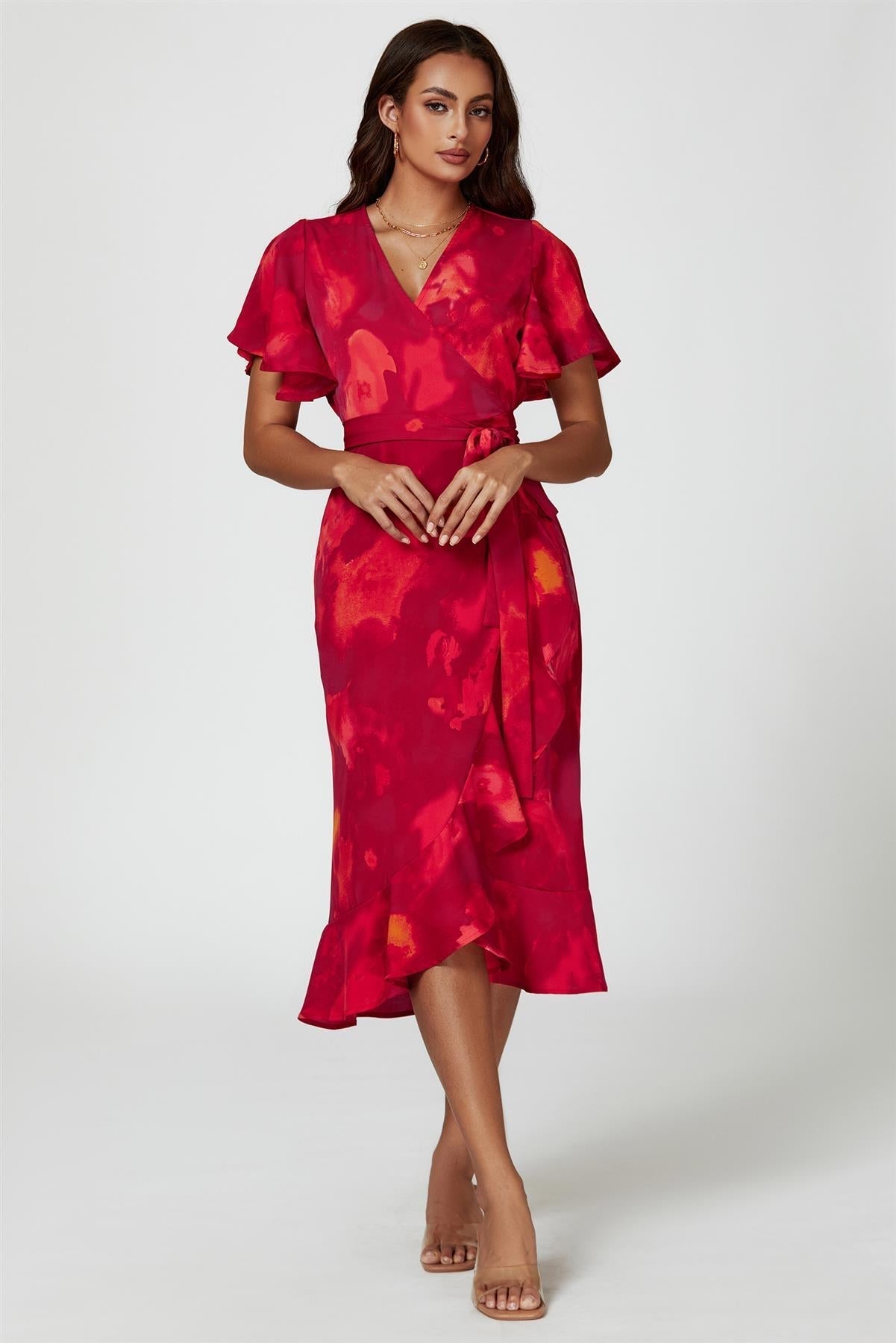 Abstract Print Angel Sleeve Wrap Midi Dress In Red - AXON