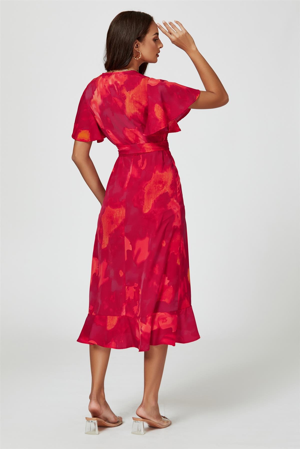 Abstract Print Angel Sleeve Wrap Midi Dress In Red - AXON