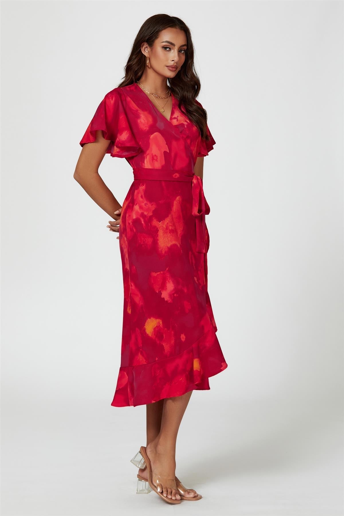 Abstract Print Angel Sleeve Wrap Midi Dress In Red - AXON