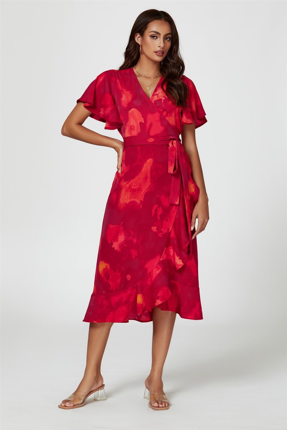 Abstract Print Angel Sleeve Wrap Midi Dress In Red - AXON