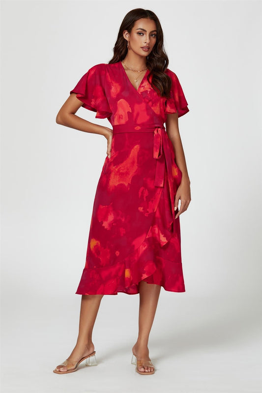 Abstract Print Angel Sleeve Wrap Midi Dress In Red - AXON