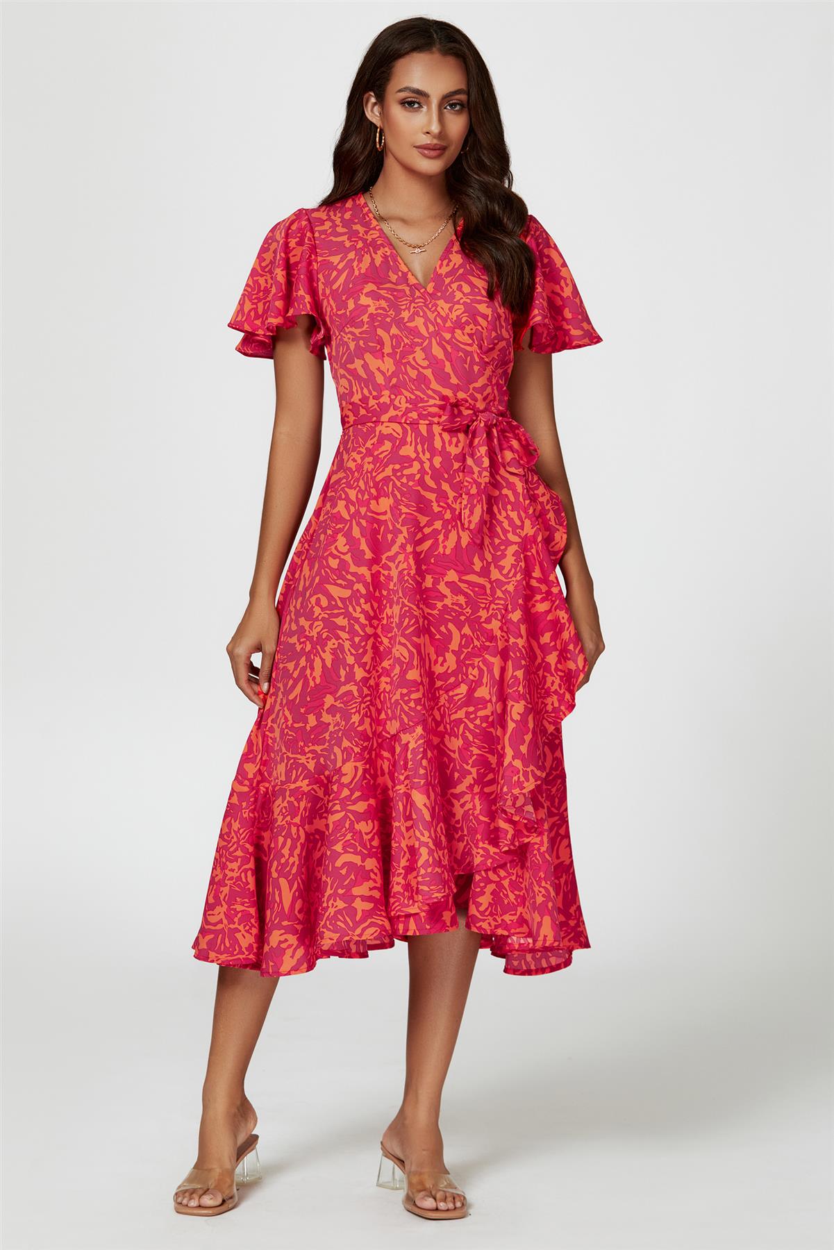 Abstract Print Midi Wrap Dress In Fuchsia - AXON