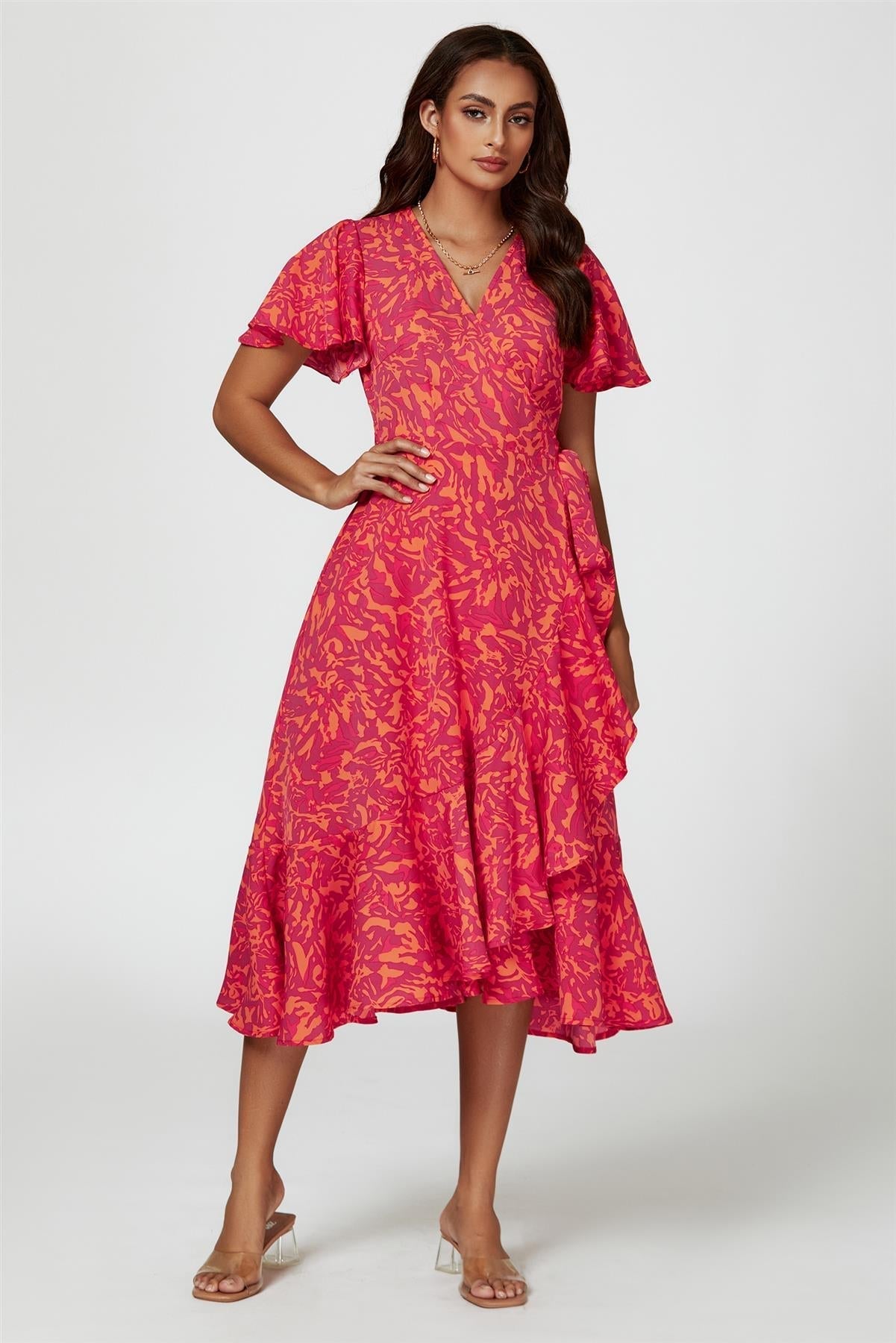 Abstract Print Midi Wrap Dress In Fuchsia - AXON