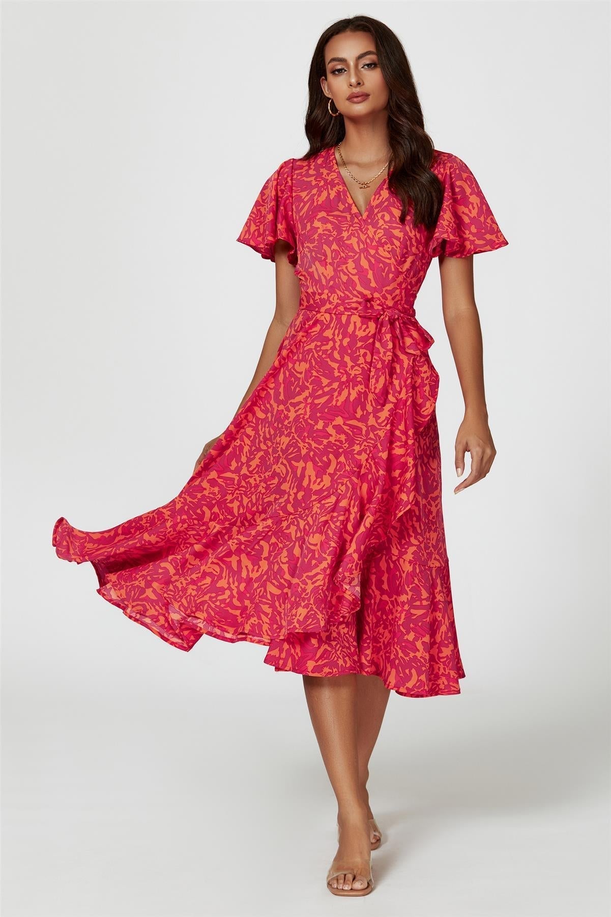 Abstract Print Midi Wrap Dress In Fuchsia - AXON