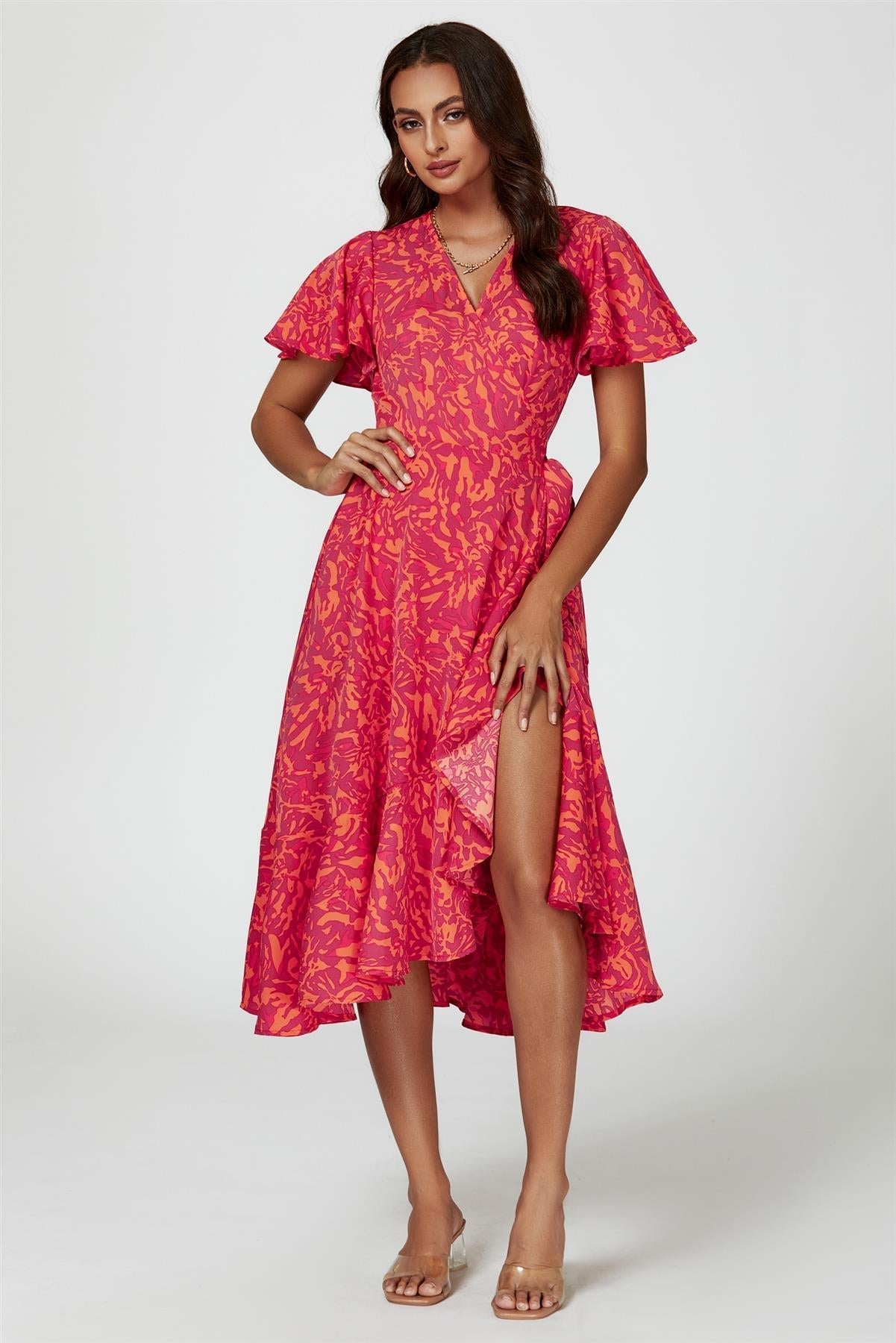 Abstract Print Midi Wrap Dress In Fuchsia - AXON